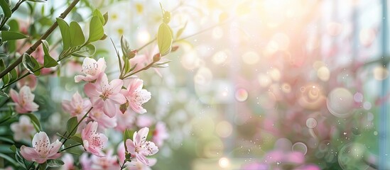 Fototapeta premium Morning in a greenhouse spring blossoms and the contemporary flower industry. with copy space image. Place for adding text or design