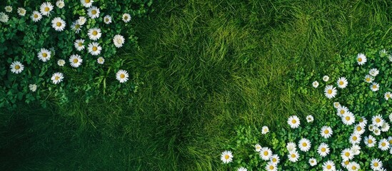 Summer meadow abundant with white daisies A beautiful field of green grass and daisies is shown from a top down perspective creating a natural backdrop Top view with copy space