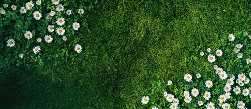 Summer meadow abundant with white daisies A beautiful field of green grass and daisies is shown from a top down perspective creating a natural backdrop Top view with copy space