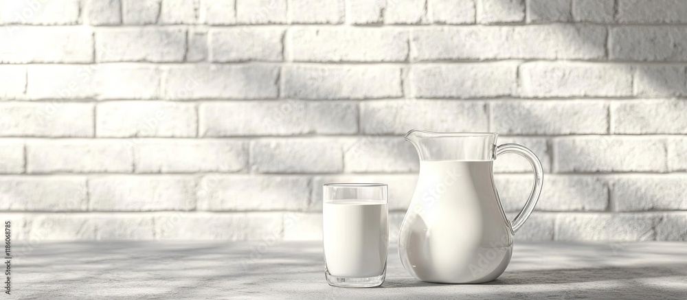 Poster Milk in a jug and a glass on a grey table set against a white brick wall background. with copy space image. Place for adding text or design