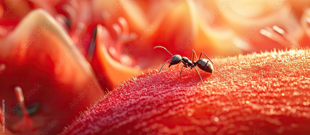 Fototapete An ant on a red melon. with copy space image. Place for adding text or design