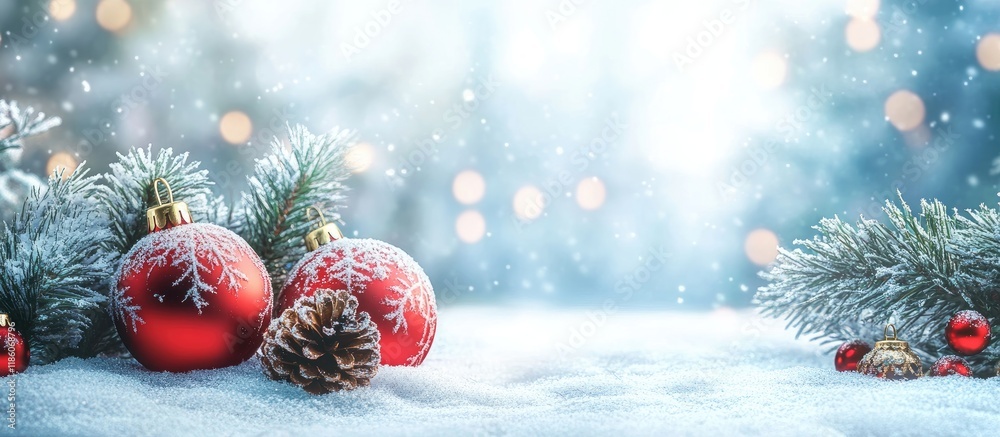 Poster Beautiful Christmas decoration with a snowy background. with copy space image. Place for adding text or design