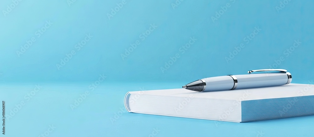 Poster closeup of a pen on a white book against a blue background with copyspace for text