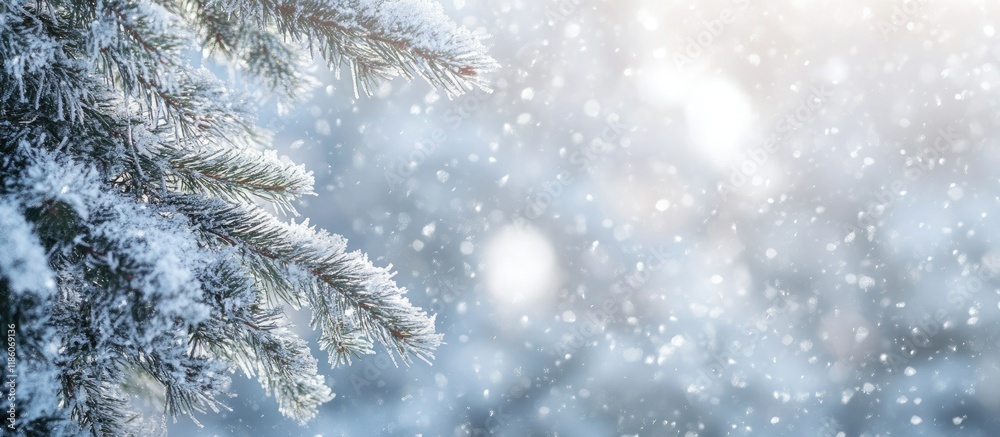 Leinwandbilder frozen conifer branches in a white winter snowstorm. with copy space image. place for adding text or