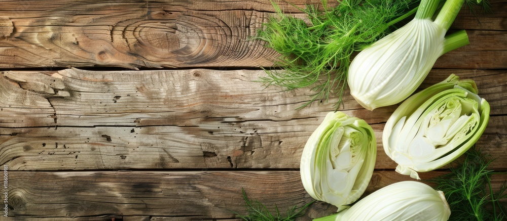 Poster whole and sliced fennel bulbs on a wooden table top view area for text. with copy space image. place