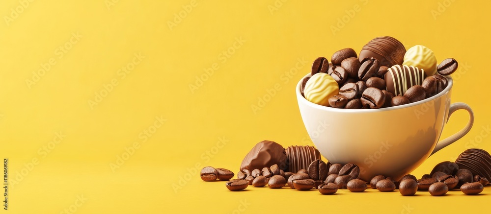 Aufkleber a cup filled with coffee beans and chocolate candies set against a yellow background. with copy spac
