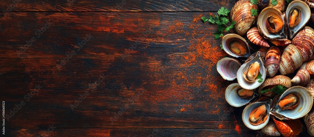 Leinwandbilder top view of asian shellfish on wood with curry spices textured background featuring shellfish clear 