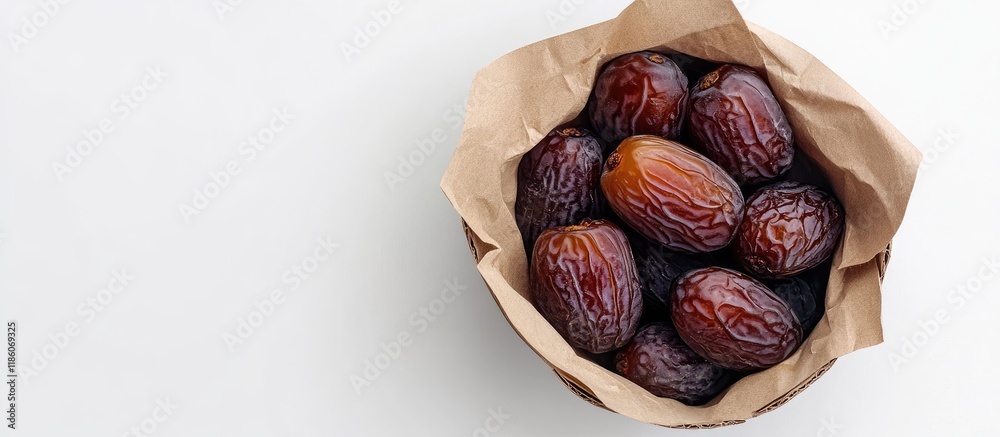 Poster Large Medjool Dates in cardboard packaging Close up view from above on a white background. with copy space image. Place for adding text or design