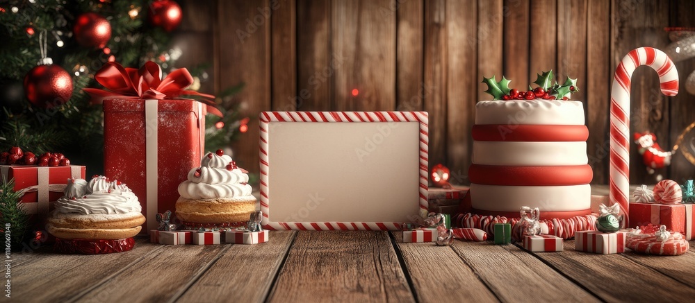 Leinwandbilder happy christmas backdrop featuring an empty postcard a large candy cane toys and cakes set against a