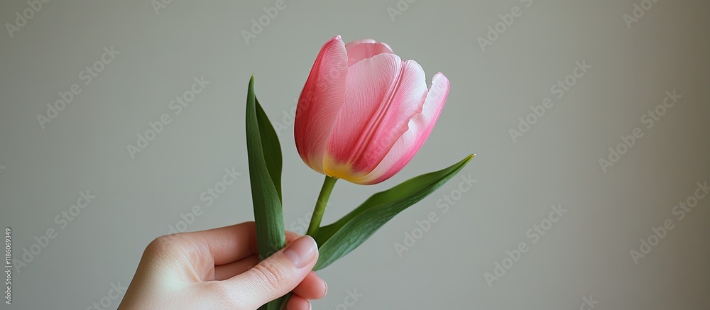 Aufkleber A single pink tulip in hand. with copy space image. Place for adding text or design