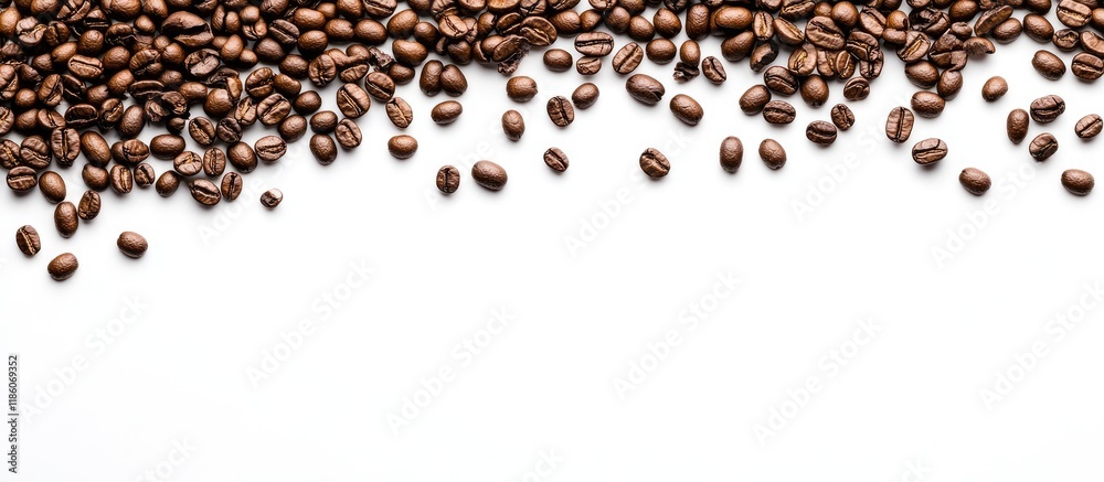 Poster Coffee beans are scattered on a white surface extending into the image there is a white background featuring coffee beans along with space for text or other elements. with copy space image