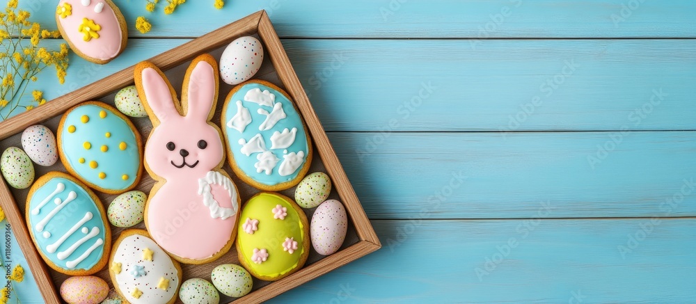 Fototapete colorful easter bunny and egg cookies in a wooden frame blue background top view. with copy space im