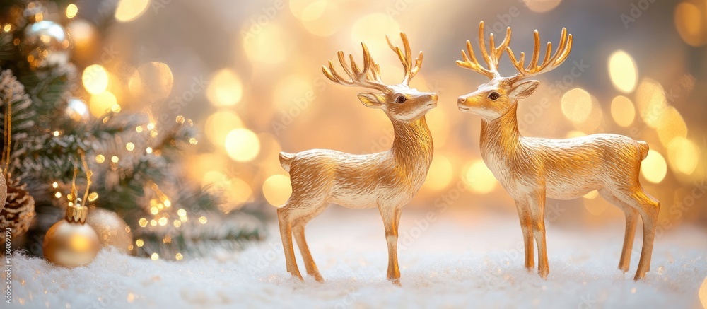 Poster Decorative figurines for Christmas Christmas deer Ornaments for the tree Festive decorations with warm bokeh lights. with copy space image. Place for adding text or design
