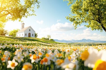Obraz premium Serene countryside chapel surrounded by vibrant daffodils and tulips in spring sunlight
