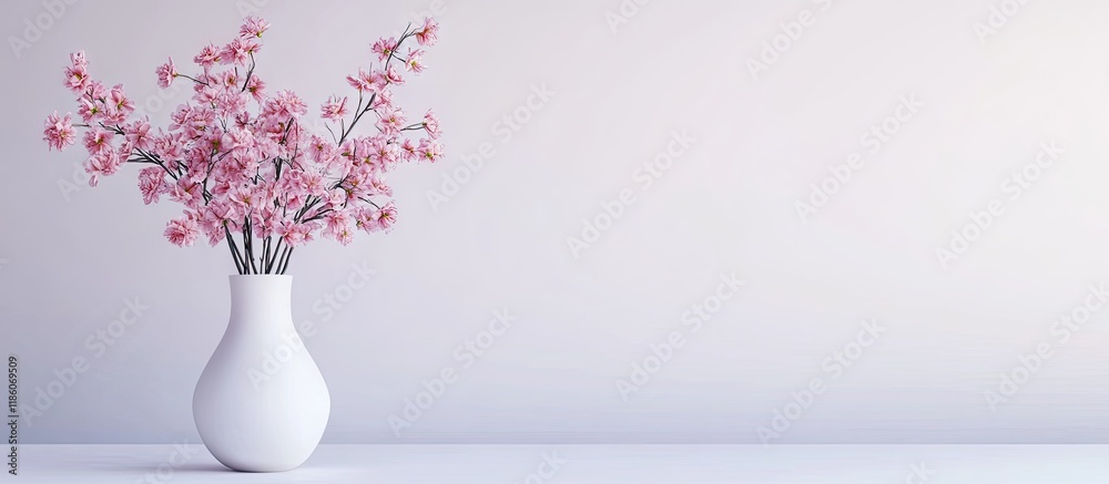Poster artificial pink flowers in a white vase on a white table. with copy space image. place for adding te