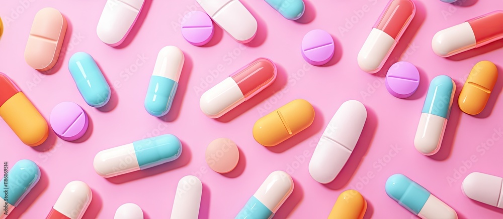 Poster colorful pills and capsules set against a pink background. with copy space image. Place for adding text or design