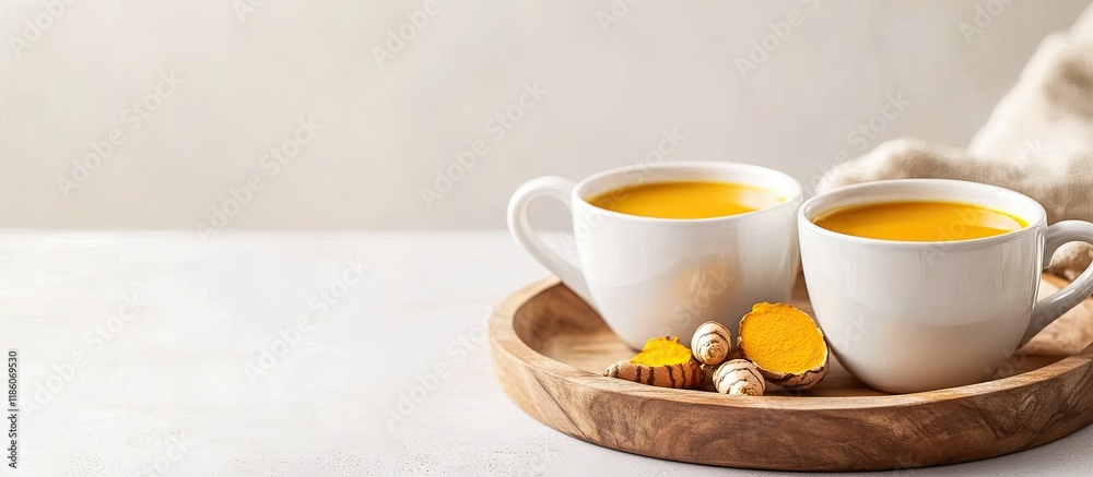 Aufkleber Golden milk with turmeric in two cups on a wooden serving tray Close up on a white table. with copy space image. Place for adding text or design