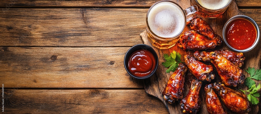 Poster savory chicken wings sauces and a mug of beer on a wooden table with space for text a delicious trea