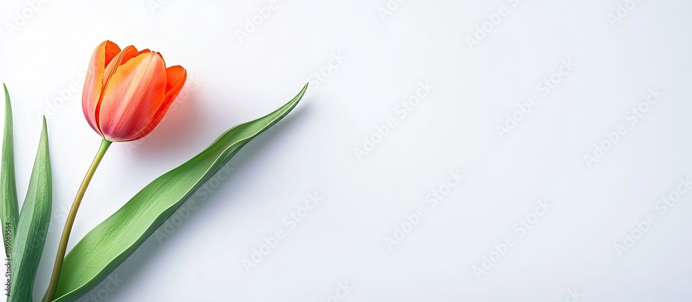 Fototapete Spring flowers Orange tulip on a white backdrop Top view. with copy space image. Place for adding text or design
