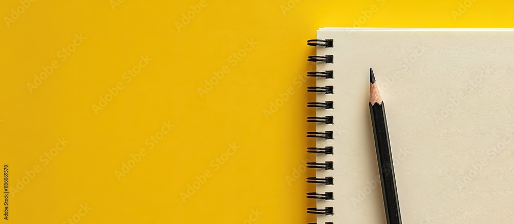 Poster Top view of a notebook with a black pencil against a yellow background Minimalistic flat lay arrangement. with copy space image. Place for adding text or design