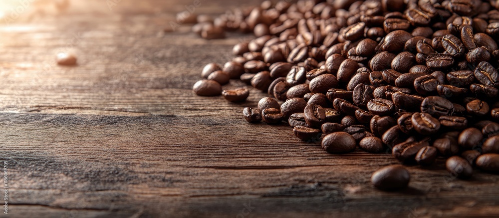 Aufkleber fresh coffee beans on a wooden table the aroma of fresh coffee beans. with copy space image. place f