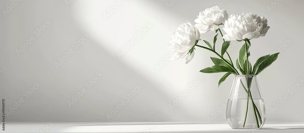 Fototapete White peony in a clear vase with a label mockup. with copy space image. Place for adding text or design