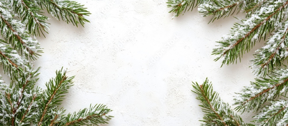 Poster Spruce fir abstract background border with snow on a weathered white background. with copy space image. Place for adding text or design