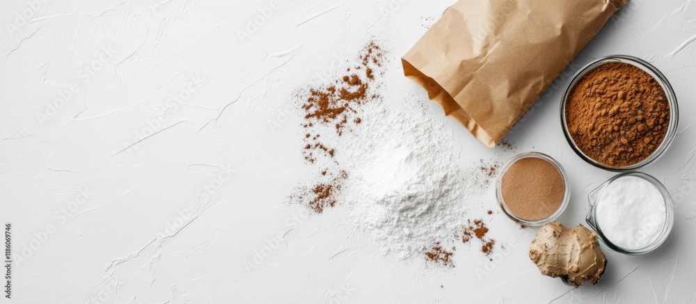 Poster comfort white paper bag for baking ingredients for pastry on a white table flat lay top view with co