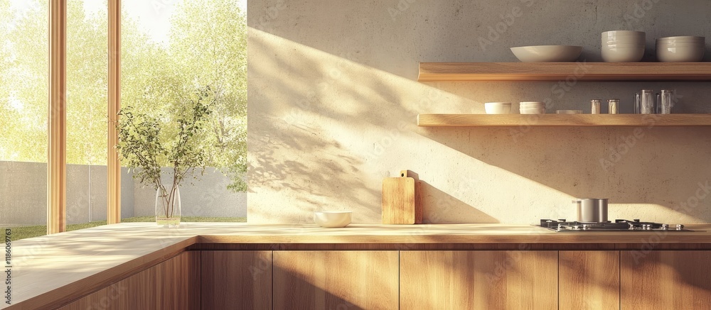 Aufkleber Modern kitchen featuring wood elements and a window that lets in plenty of light No one is present inside. with copy space image. Place for adding text or design