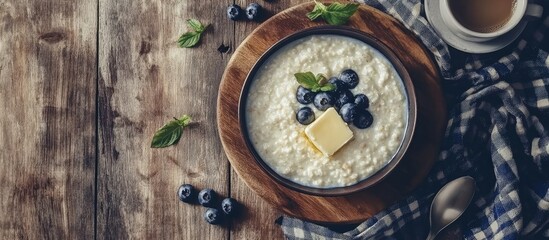 Rice porridge or pudding accompanied by a pat of butter a cup of coffee and blueberries in a bowl Copy space