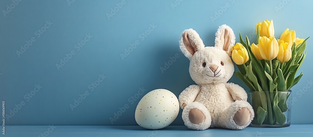 Poster easter arrangement featuring an adorable teddy rabbit toy yellow tulips and a large egg against a bl