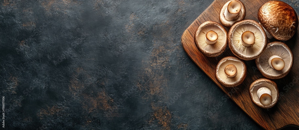 Poster An aerial view of portobello mushrooms on a wooden cutting board featuring a spot for text. with copy space image. Place for adding text or design