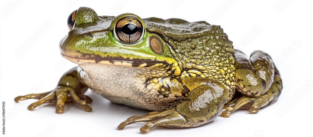 Poster African Bullfrog Pixie Frog Pyxicephalus adspersus set against a white background. with copy space image. Place for adding text or design