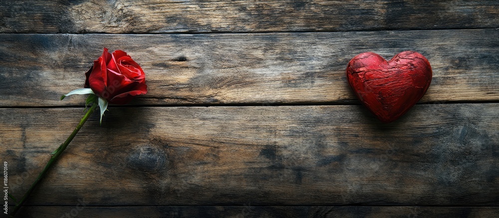 Aufkleber red rose and red heart on a rustic wooden background with copyspace for text