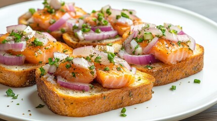 Deliciously Crafted Toast with Fresh Salmon, Red Onions, and Herbs on a White Plate Perfect for Appetizers or Gourmet Meals
