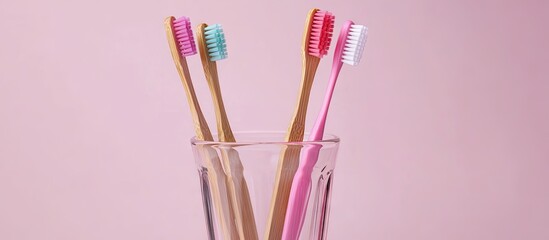 Organic wood toothbrushes with vibrant bristles in a glass Dental floss on a pink backdrop Copy space for text
