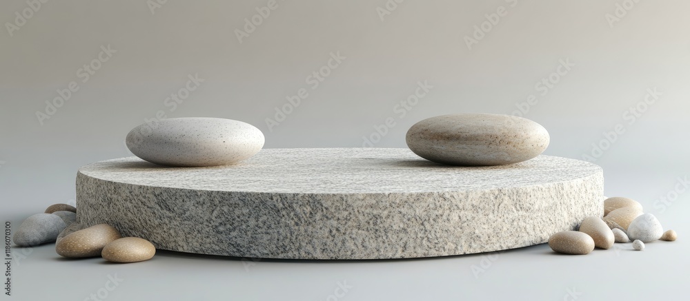 Poster Presentation for a product Stone podium and pebbles on a light gray background Area for text. with copy space image. Place for adding text or design