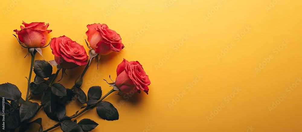 Fototapete roses set against a yellow background. with copy space image. place for adding text or design