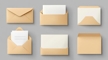 White envelope A4, DL and C6 template. Vector realistic mockup of blank closed and open envelopes, letter covers front and back view. Mock up of paper folder for business documents and messages