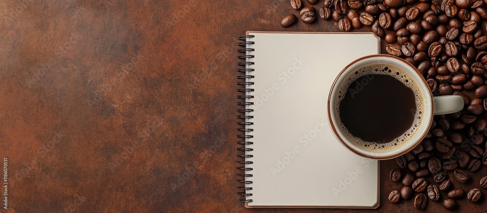 Fototapete A notebook and coffee beans are arranged on the desk from a top view. with copy space image. Place for adding text or design