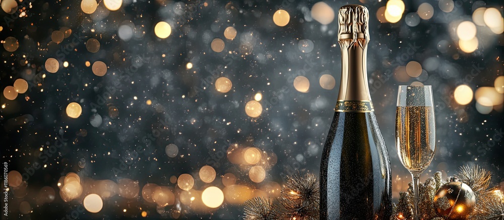 Poster Champagne for Christmas set against a dark backdrop with surprise and festive golden bokeh. with copy space image. Place for adding text or design