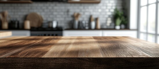 Wood table top set against a blurred kitchen background Suitable for product display montage or key visual layout design. with copy space image. Place for adding text or design