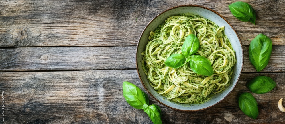 Aufkleber Pasta with Pesto Genovese on a wooden surface. with copy space image. Place for adding text or design