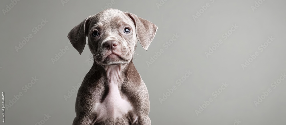 Fototapete White gray brown puppy in a studio setting. with copy space image. Place for adding text or design
