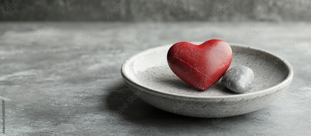 Poster Stone heart in a porcelain dish on a gray surface Valentine s Day. with copy space image. Place for adding text or design