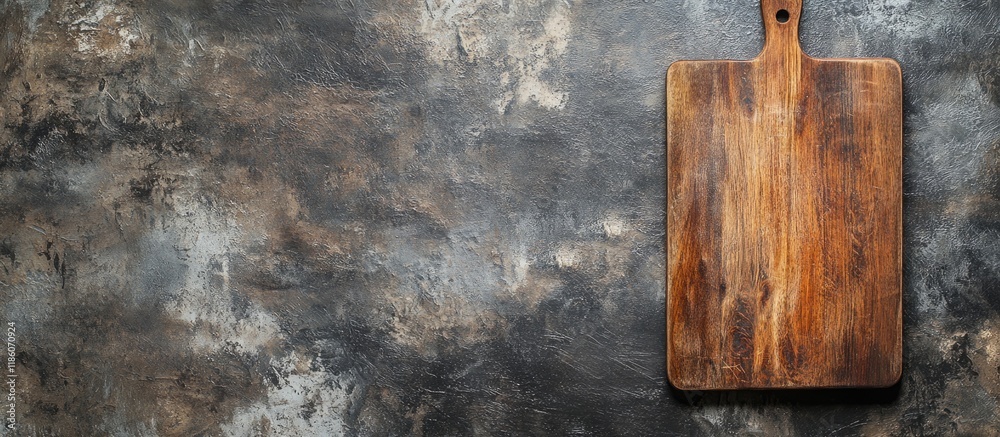 Fototapete Top view of a wooden cutting board on a weathered stone countertop. with copy space image. Place for adding text or design