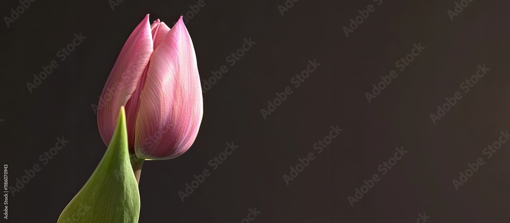 Fototapete deep pink tulip in bud beginning to bloom. with copy space image. place for adding text or design