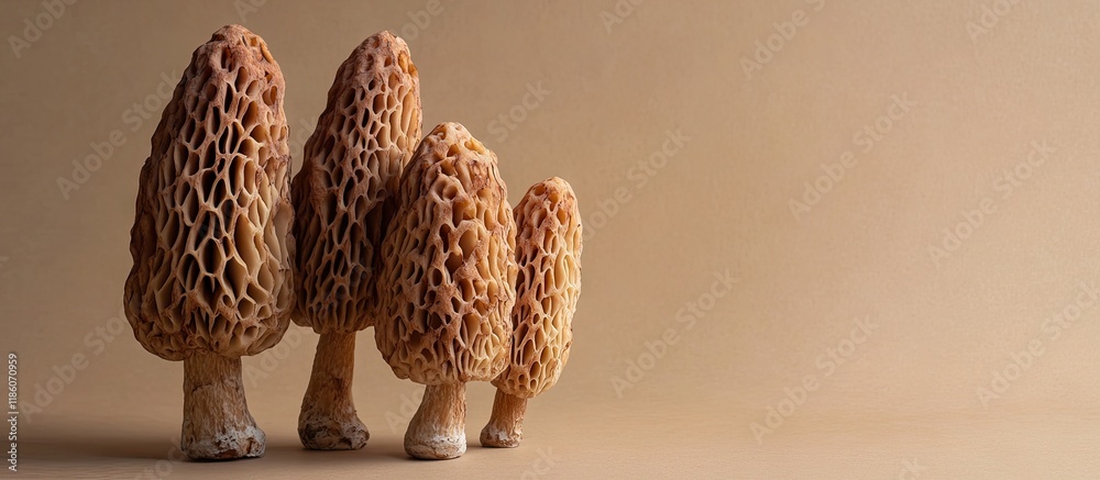 Poster Morels featuring a brown sponge like cap. with copy space image. Place for adding text or design