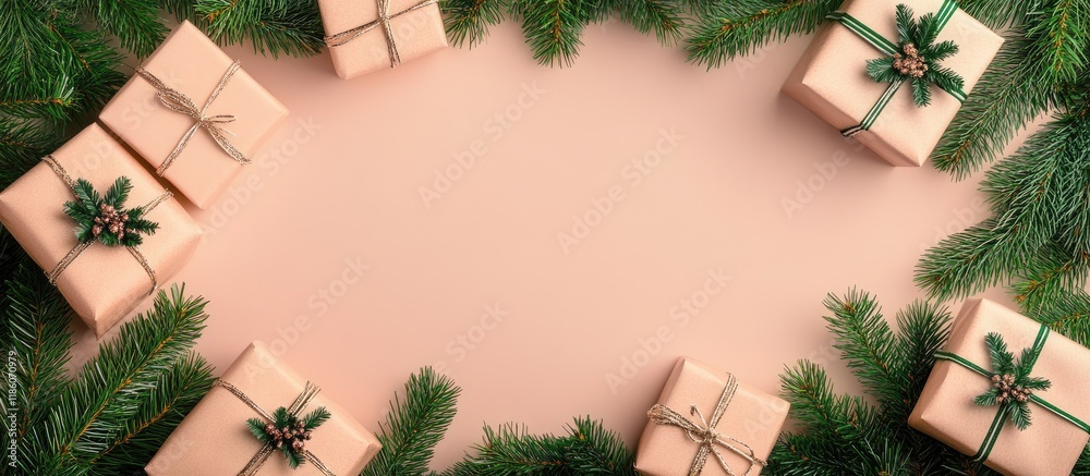 Poster gifts and fir branches create a border blank concept for a christmas card copy space top view
