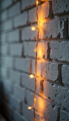 Fototapeta premium A single fairy light string behind a white brick wall, fairy lights, warm, ambiance